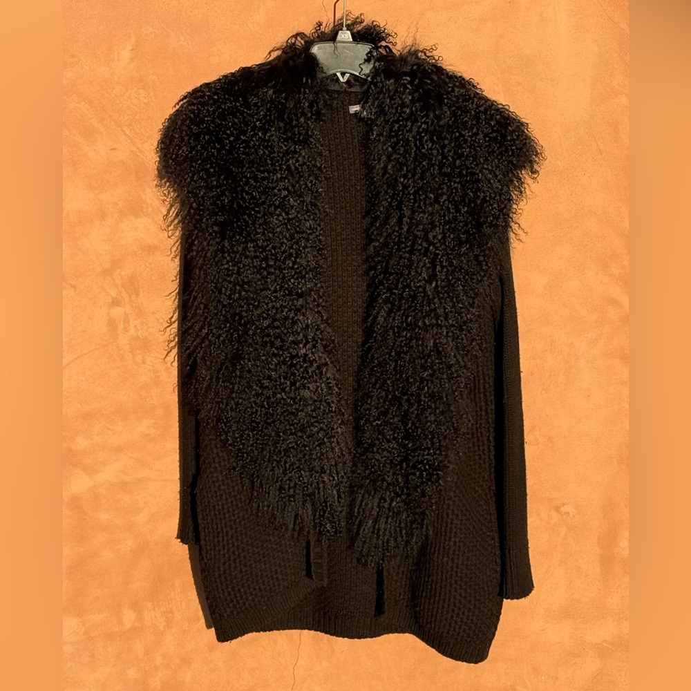 Vince Black Lamb Shearling Collared Wool Sweater